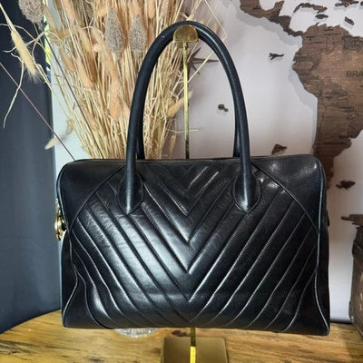 Chanel Vintage Black Chevron Lambskin Medallion Duffel Tote Bag Authentic CoA - Image 1 of 4