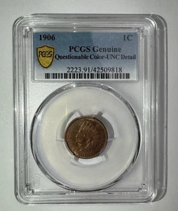 Penny testa di indiano 1906 PCGS colore originale discutibile - dettagli UNC - Foto 1 di 4