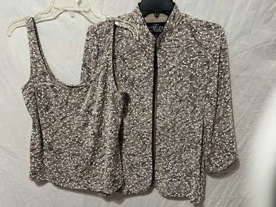 Alex Evenings 夹克上衣套装女式 XL 米色和黑色印花双胞胎正式 — 第 1/4 张图片