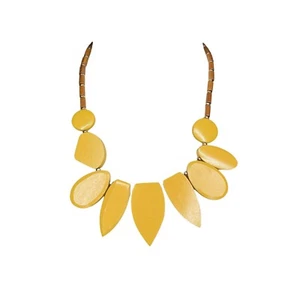 1946 Wooden Necklace 16” Beaded Yellow Brown Asymmetrical Summer Beach Flower - Picture 1 of 4