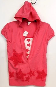 NEW Y2K Limited Too Coral Pink Hoodie TShirt sz 16 Stars Rhinestone Pockets Long - Picture 1 of 4