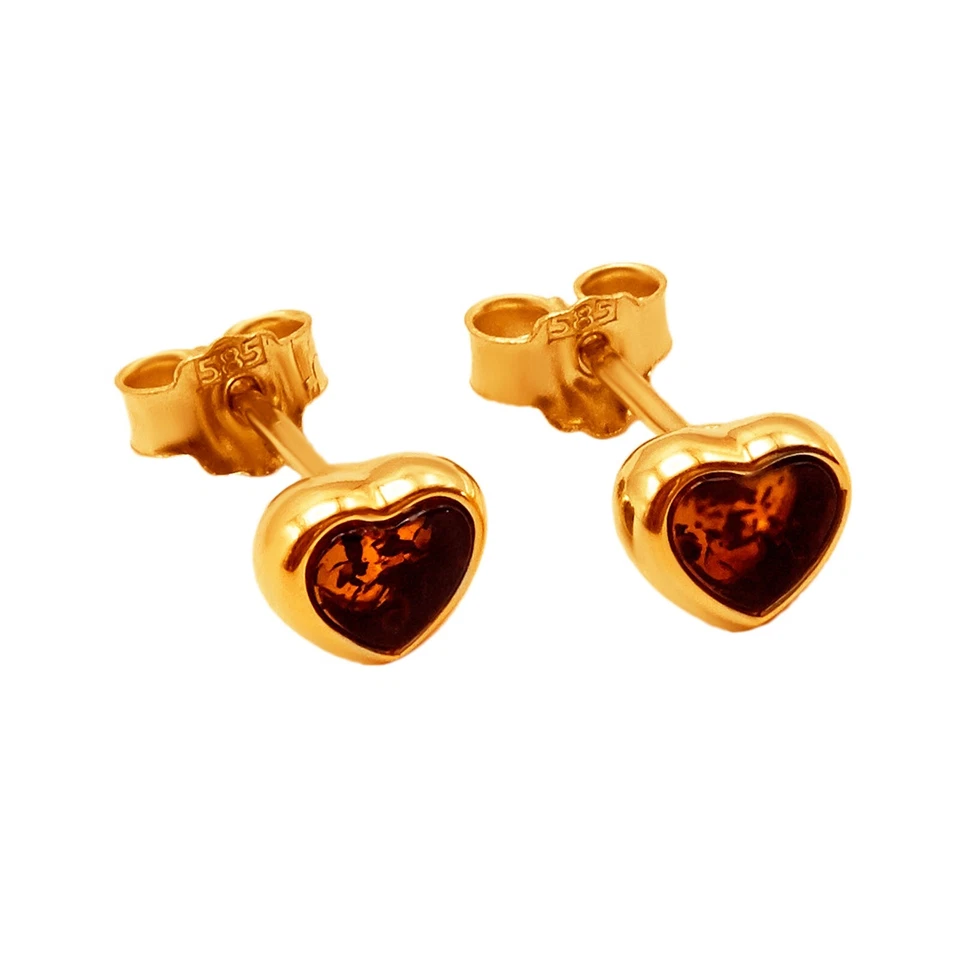 Bonitos aretes pequeños con corazón de ámbar báltico miel oro amarillo macizo puro de 14 k Foto 1 de 4