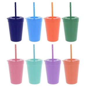 Kids Tumbler with Lid Straw Plastic Drinking Cold Sippy Cups Reusable 370ml 4PC - Picture 1 of 29