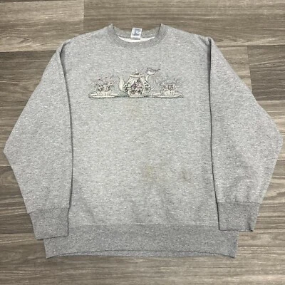 复古 90 年代茶壶圆领运动衫女式大号灰色奶奶小屋褪色 — 第 1/4 张图片