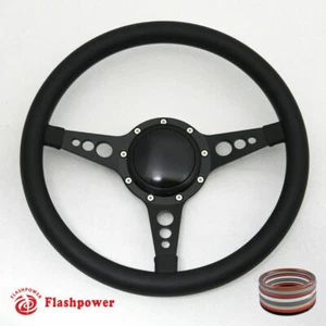 14" Black Billet Steering Wheel Full Leather Wrap Horn Button Impala GTO Regal - Bild 1 von 3
