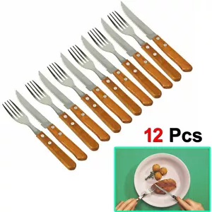 12pc Stainless Steel Steak Knives & Forks 6 Sets Wooden Sharp Knife Cutlery Set - Picture 1 of 5