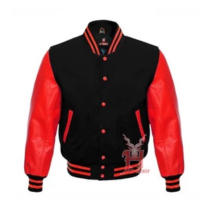 Varsity Men's Letterman Baseball Black Wool Genuine Red Leather Sleeves Jackets - Picture 1 of 6