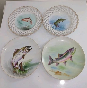 LOT OF 4 VINTAGE FISH PLATES 8" TROUT SALMON MUSKE CABIN HUNTING DECOR 1878 - Picture 1 of 11