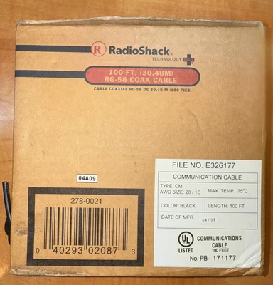 Radioshack 100-ft. (30.48m) Rg-58 Coax Cable 278-0021 New in Box - Image 1 of 2