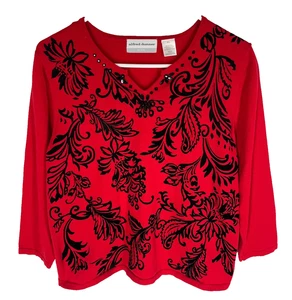 ALFRED DUNNER Top Size P Large Red Black Embellished Pullover V-Neck Ethical - Picture 1 of 4