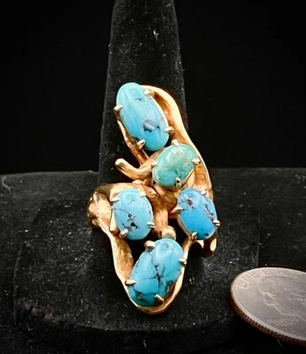 14K Yellow Gold w/ Turquoise Ring Unique MCM Freeform 1970s Brutalist  - Image 1 of 4