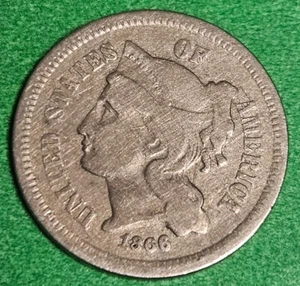 1866 Three Cent Nickel Piece 3C Ungraded Choice Civil War Era US Coins 3c - Picture 1 of 2