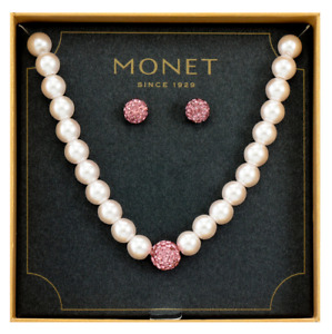 Monet Jewelry Pink Crystal Pearl Gold Tone Necklace Earrings Gift Box Set J263