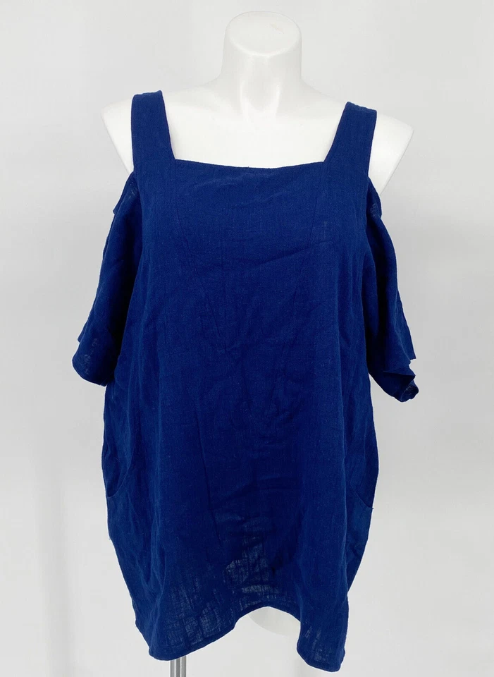 Мягкое окружение 1 X холодные плечи богемное пляжный синий верх карманы льняная смесь - Изображение 1 из 4
