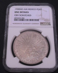1908 MO AM Mexico Peso , NGC Unc. details , nice silver coin #1691, #51-19 - Picture 1 of 4
