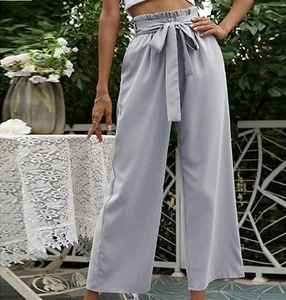 Aprance Womens High Waist Adjustable Knot Loose Wide Leg Casual Trousers, Gray,S - Picture 1 of 8