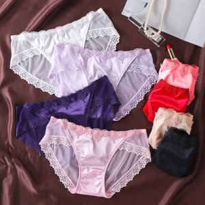 Women Seamless Panties Silk Satin Briefs Underwear Lingerie Sheer Lace Knicker ^ - Picture 1 of 29