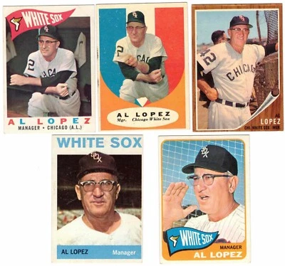 Lote de 5 tarjetas de Topps HOFer Al Lopez, Medias Blancas de Chicago, gerente, tarjetas de béisbol Foto 1 de 2