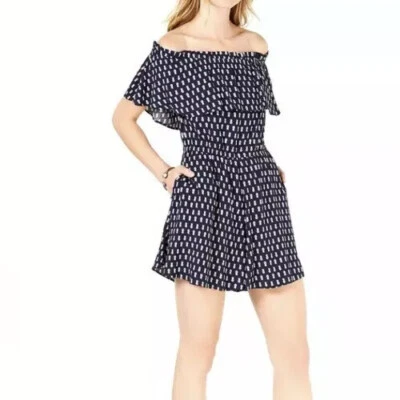 Maison Jules Pineapple Romper Wide Leg Navy Blue Off The Shoulder Sz L NWT D4 - Image 1 of 4