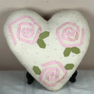 Vintage Valentine Day Plush Stuffed Heart Pillow Handmade Flowers Ribbon 13 x 13 - Picture 1 of 4