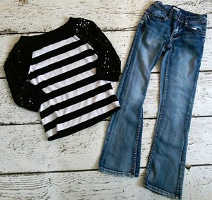 JUSTICE MUDD 10 Slim Black White Striped Sequin Top and Denim Jeans EUC 10 - Picture 1 of 3