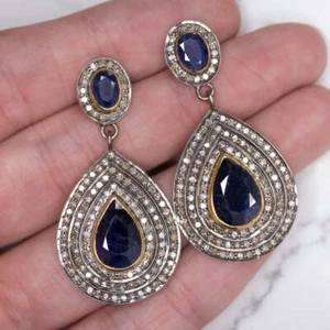 NATURAL DIAMOND SAPPHIRE EARRINGS STATEMENT DROP DANGLE PEAR TEARDROP BLUE BIG - Picture 1 of 2