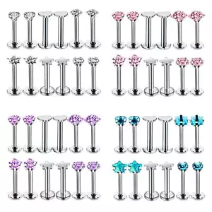 12PCS/LOT Crystal Gem Labret Stud 316L Stainless Steel Bar Ear Tragus Rings 16G - Picture 1 of 10