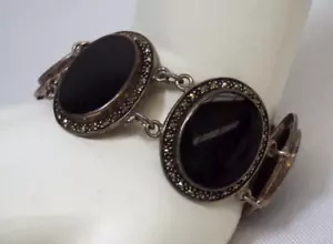 Vintage ART DECO Sterling Silver Black Onyx & Marcasite Link Bracelet 31g 1920s - Picture 1 of 19