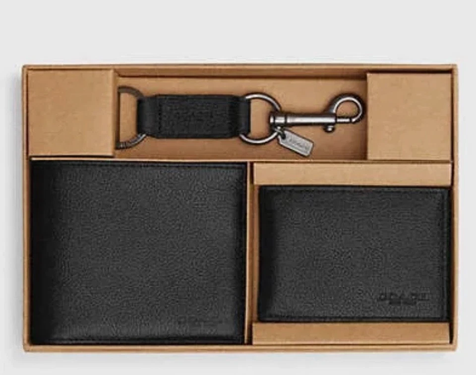Coach Boxed 3 In 1 Men's Wallet Gift Set smooth leather Black - Image 1 of 1