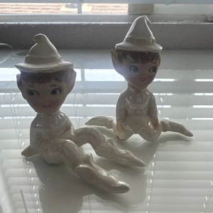 Vintage Lefton Pixie Elf White Pearlescent Porcelain Figurines Japan - Picture 1 of 11