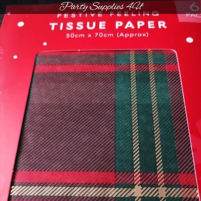 TJ MORRIS 6pk Traditional Tartan Xmas Tissue Paper/Green/Gold/Red/50x70cm/Gift/Wrap/Hamper