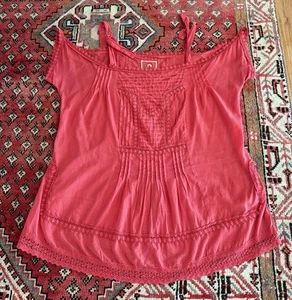 Johnny Was Red Cold Shoulder Top w/Tie Shoulders Crochet Pleat Detailing MEDIUM - Picture 1 of 7