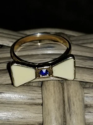 New Cream Enamel Blue Sapphire Crystal Gold Tone Bow Ring 11 Any Finger  - Image 1 of 4