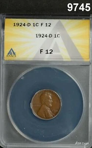 1924 D LINCOLN CENT ANACS CERTIFIED FINE 12 NICE BROWN! #9745 - Picture 1 of 3