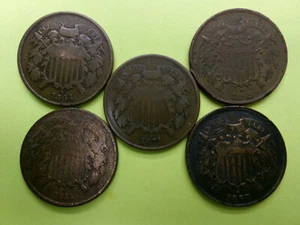 A Set Of 5 - 2 Cent Peices. 1864-1867 and 1871 Years. USSC02TC - Picture 1 of 12