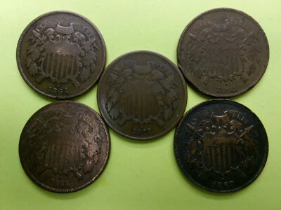 A Set Of 5 - 2 Cent Peices. 1864-1867 and 1871 Years. USSC02TC - Image 1 of 4