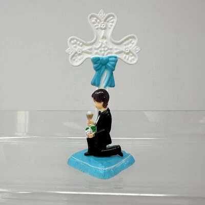 First Communion Cake Topper Cross Blue Boy Figure Gift Confirmation VINTAGE - Image 1 of 4