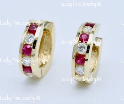 0.90 ct 14k Yellow Gold Natural Diamond & Ruby Earring Huggie  Hoop 4.50 Grams - Image 1 of 4