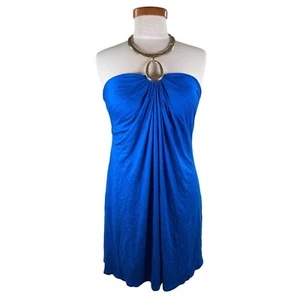 NWT Vintage Cache Womens Size L Gold Halter Electric Blue Dress Rayon Party Mini - Bild 1 von 13
