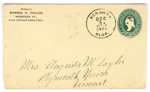Nehawka, NE. 1901 CDS on 2c green entire to Plymouth Union, VT. Warren R. Taylor - Picture 1 of 2