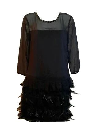 Vestido DKNY Talla 2 Negro Diamante Seda 100% Plumas de Polla Cuello Encaje Foto 1 de 4