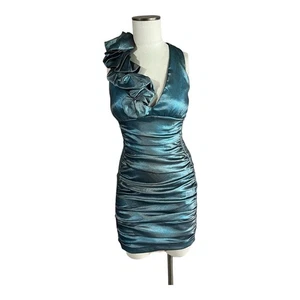Vintage Y2K Cache Mini Formal Dress SIZE 6 Bodycon Ruffles Green Homecoming - Picture 1 of 10