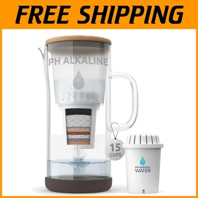 Alkaline Water Pitcher with Bamboo Lid - Long-Lasting Filter - Image 1 of 4