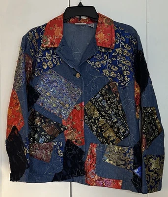 Chico’s DESIGN Vintage Quilted Patchwork Denim Button up Jacket size 2 BOHO hip - Image 1 of 4