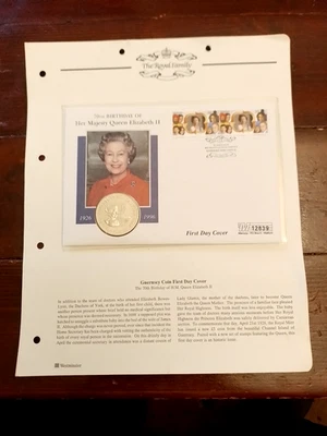 HM ERII  70TH BIRTHDAY 1ST DAY COVER AND MINT £5 COIN FOR BAILWICK OF GUERNSLEY. - Image 1 of 4