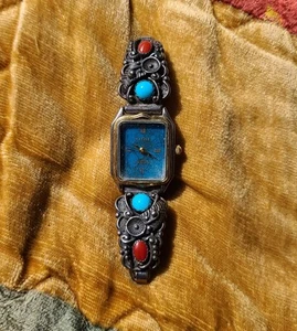 Correa de reloj nativo americano coral turquesa plata esterlina STCO 6" ¡Funciona de colección! - Imagen 1 de 20