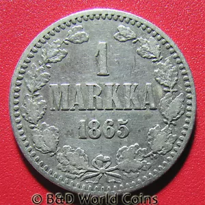 1865 FINLAND 1 MARKKA SILVER UNDER RUSSIA ALEXANDER II COLLECTABLE WORLD COIN c1 - Picture 1 of 2