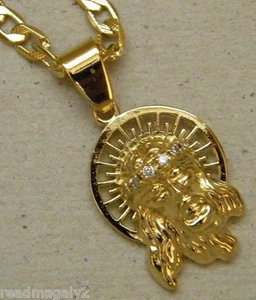 Juego de cadena de eslabones cubanos con dije cara de Cristo de 9 circonitas chapada en oro amarillo para dama de 20 pulgadas 3 mm - Imagen 1 de 5