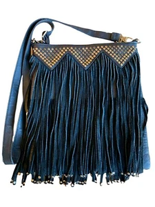 Lionel schwarz Nieten Fransen Kunstleder Handtasche Tasche Crossbody Boho Retro - Bild 1 von 12