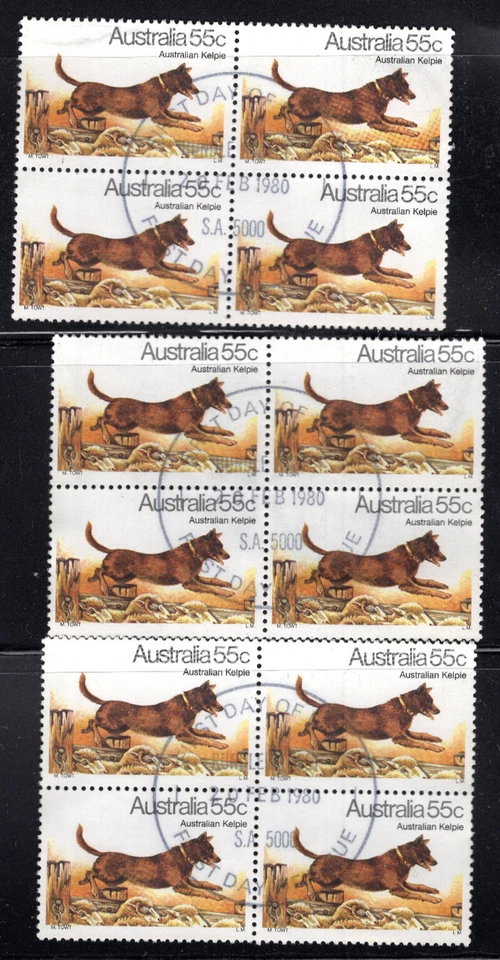1980 AUSTRALIA 55c AUSTRALIAN KELPIE DOG - 3 Blocks of 4 Used - Image 1 of 1